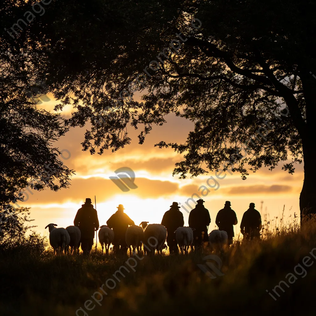 Silhouetted shepherds gathering sheep at twilight - Image 2