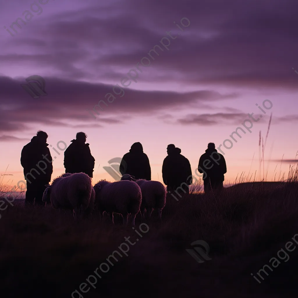 Silhouetted shepherds gathering sheep at twilight - Image 3