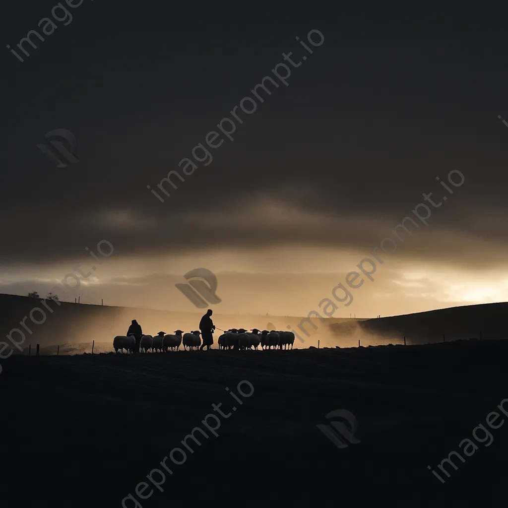 Silhouetted shepherds gathering sheep at twilight - Image 4