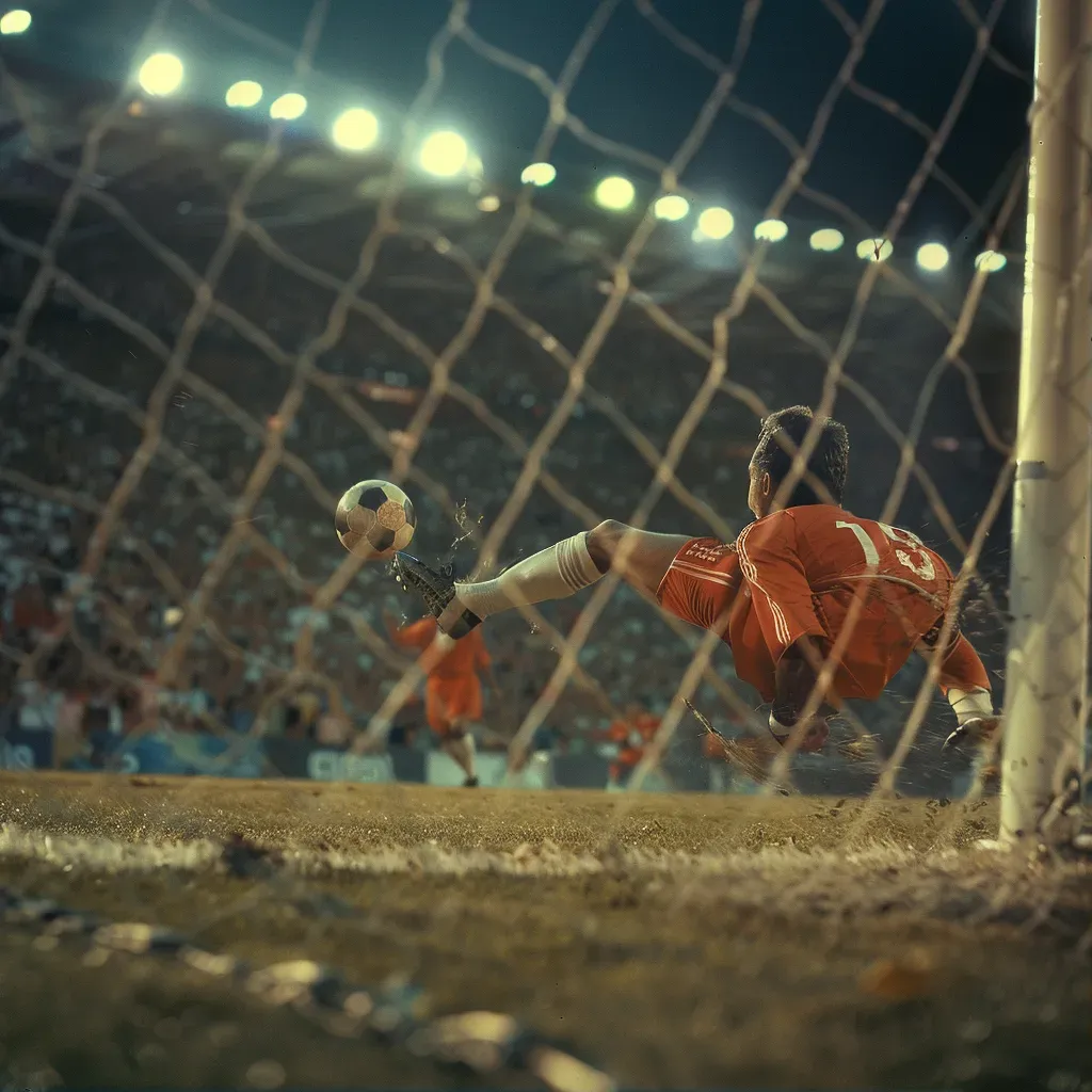 Soccer player taking a shot at the goal with fans in the background - Image 1