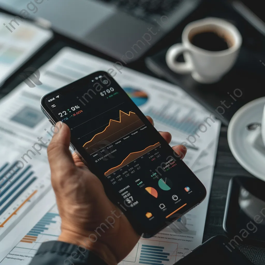 Hand using a phone to check cryptocurrency investment visuals surrounded by financial papers and a coffee cup. - Image 1