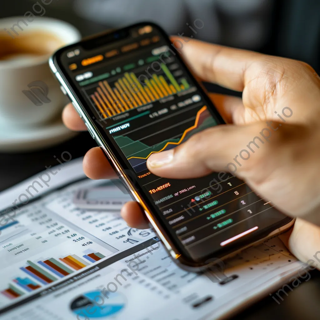 Hand using a phone to check cryptocurrency investment visuals surrounded by financial papers and a coffee cup. - Image 2