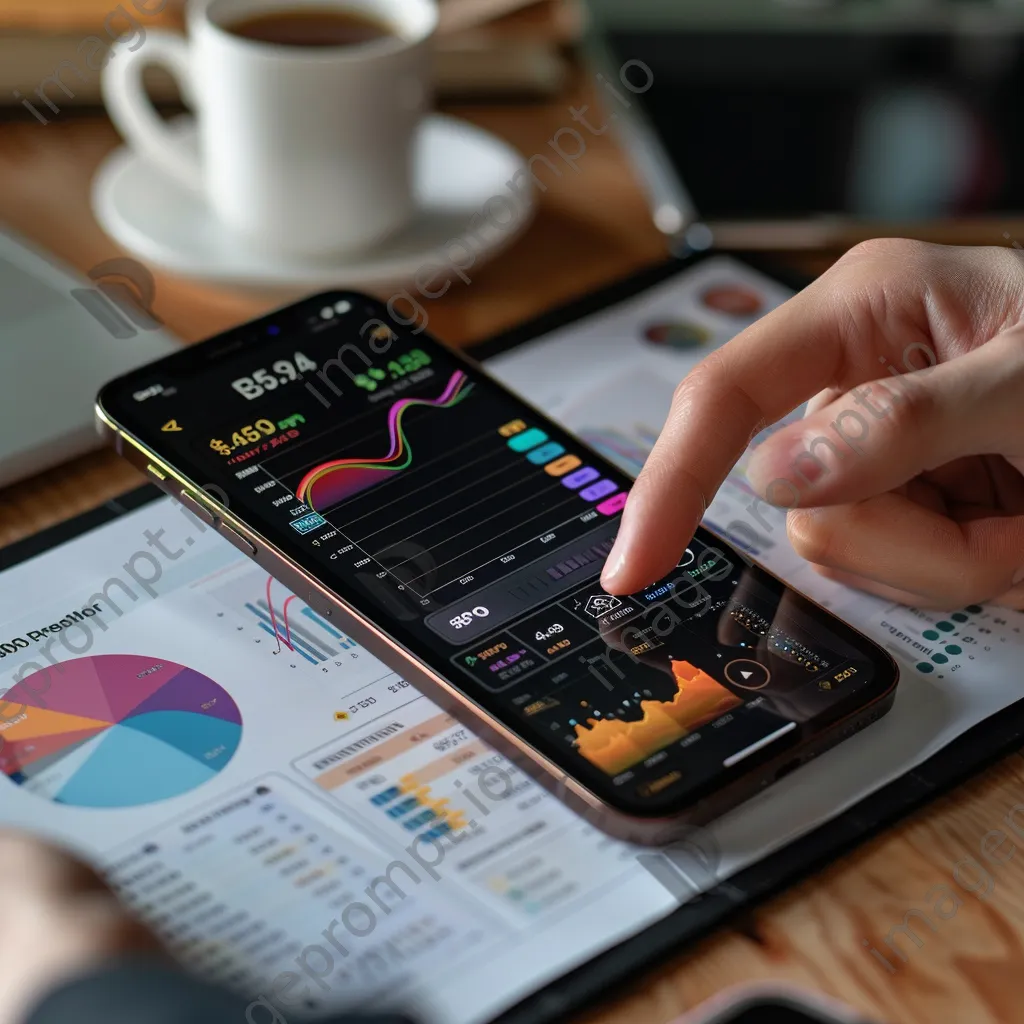 Hand using a phone to check cryptocurrency investment visuals surrounded by financial papers and a coffee cup. - Image 3