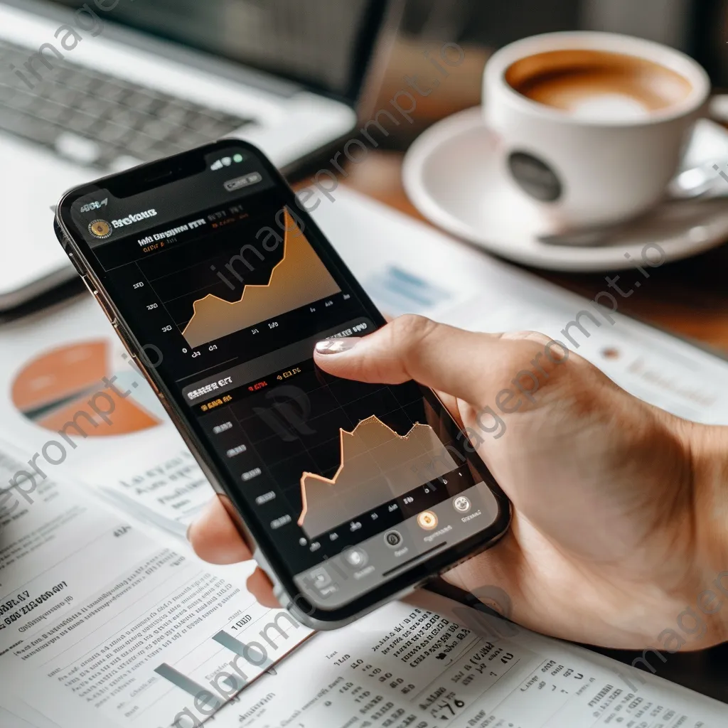 Hand using a phone to check cryptocurrency investment visuals surrounded by financial papers and a coffee cup. - Image 4