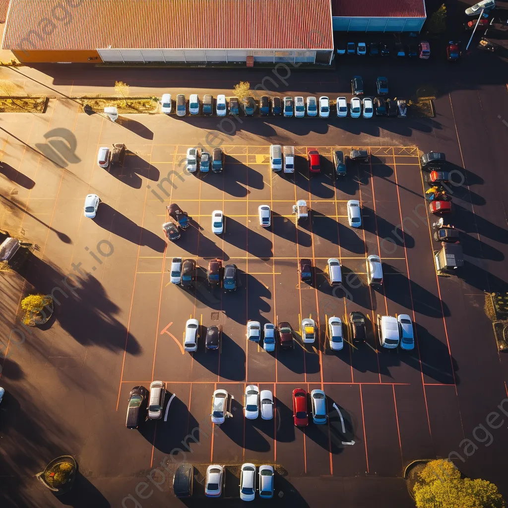 Aerial view of a busy grocery store parking lot with parked cars. - Image 1