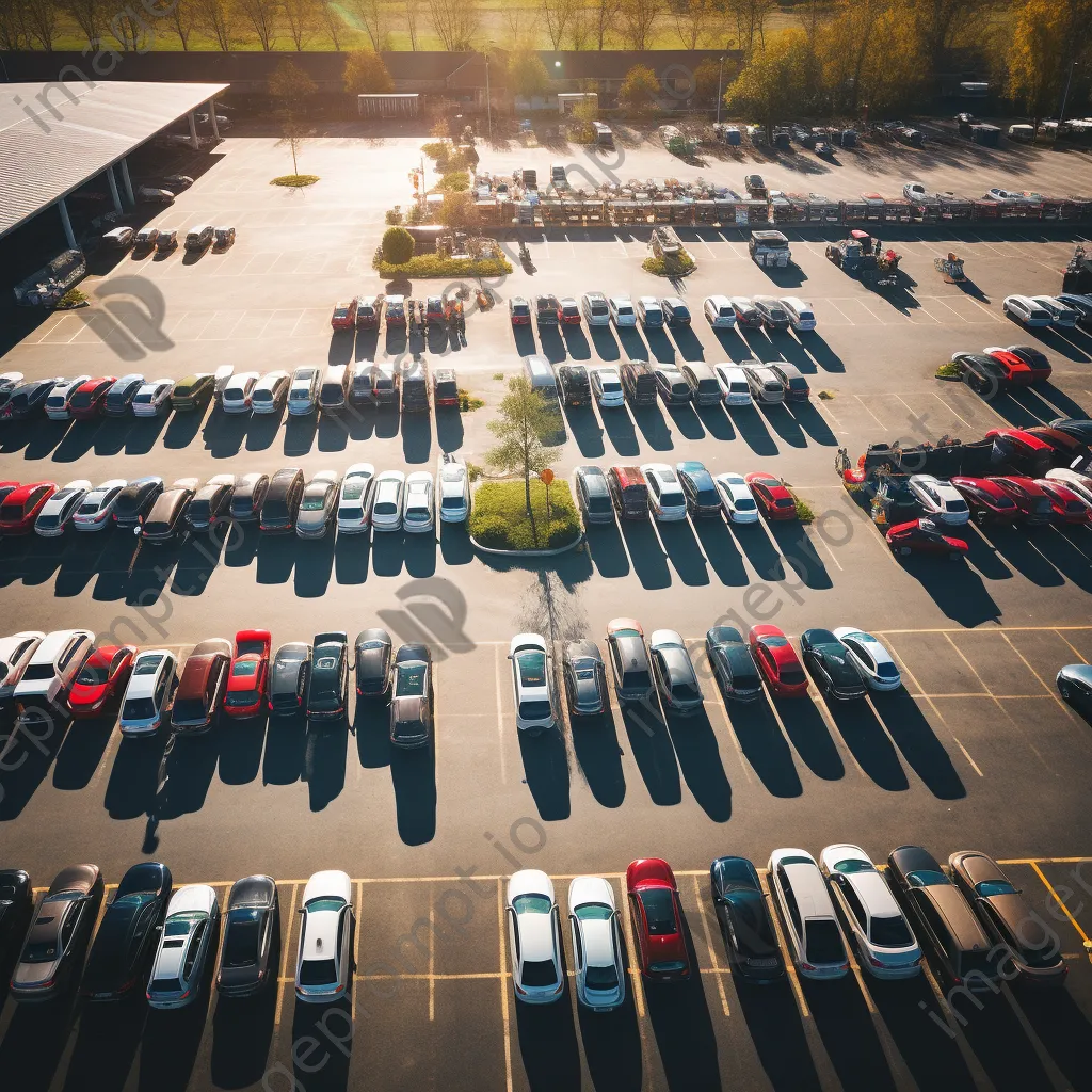 Aerial view of a busy grocery store parking lot with parked cars. - Image 2