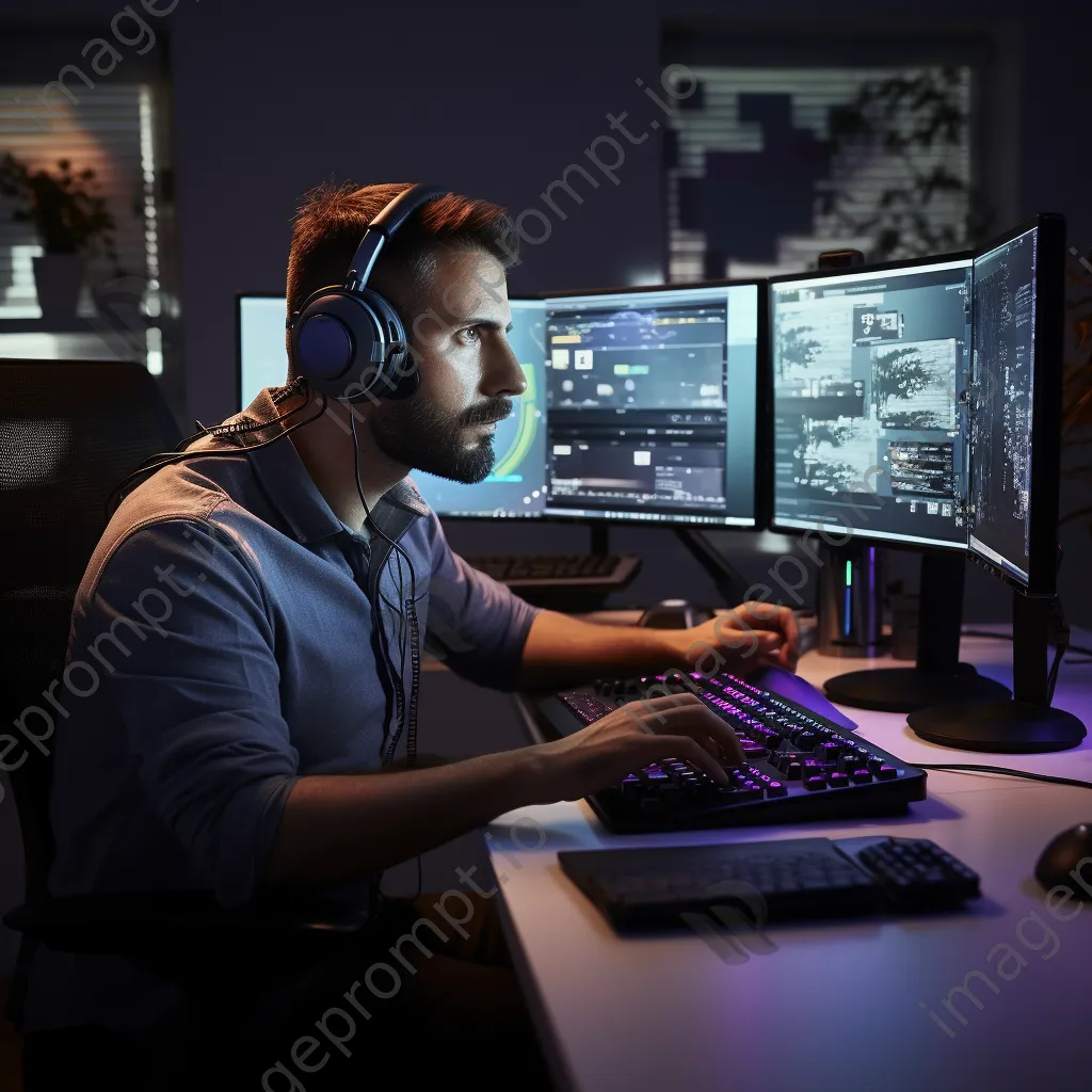 Customer support agent at his workstation with dual monitors - Image 1