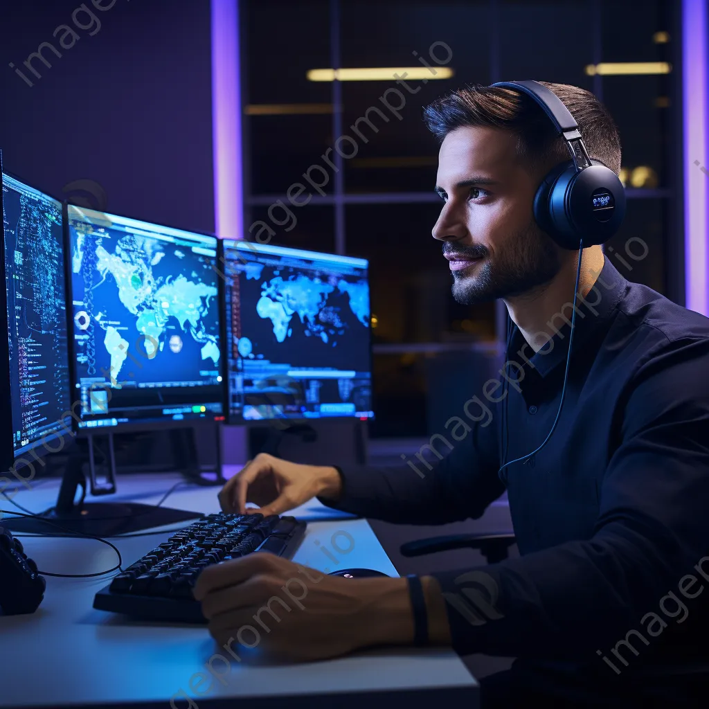 Customer support agent at his workstation with dual monitors - Image 4