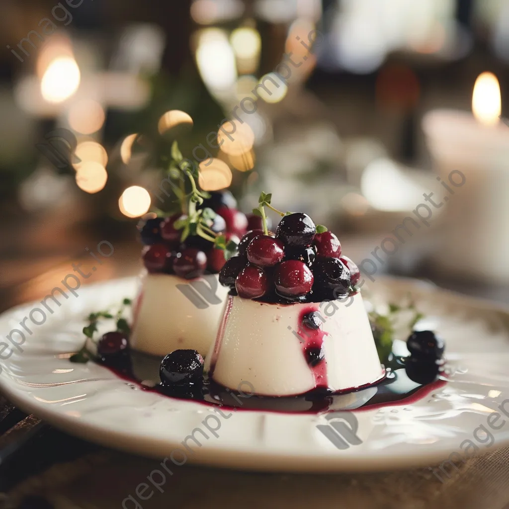 Vanilla panna cotta topped with berry compote on fine china - Image 1