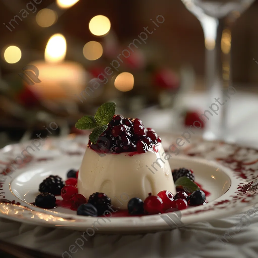 Vanilla panna cotta topped with berry compote on fine china - Image 2