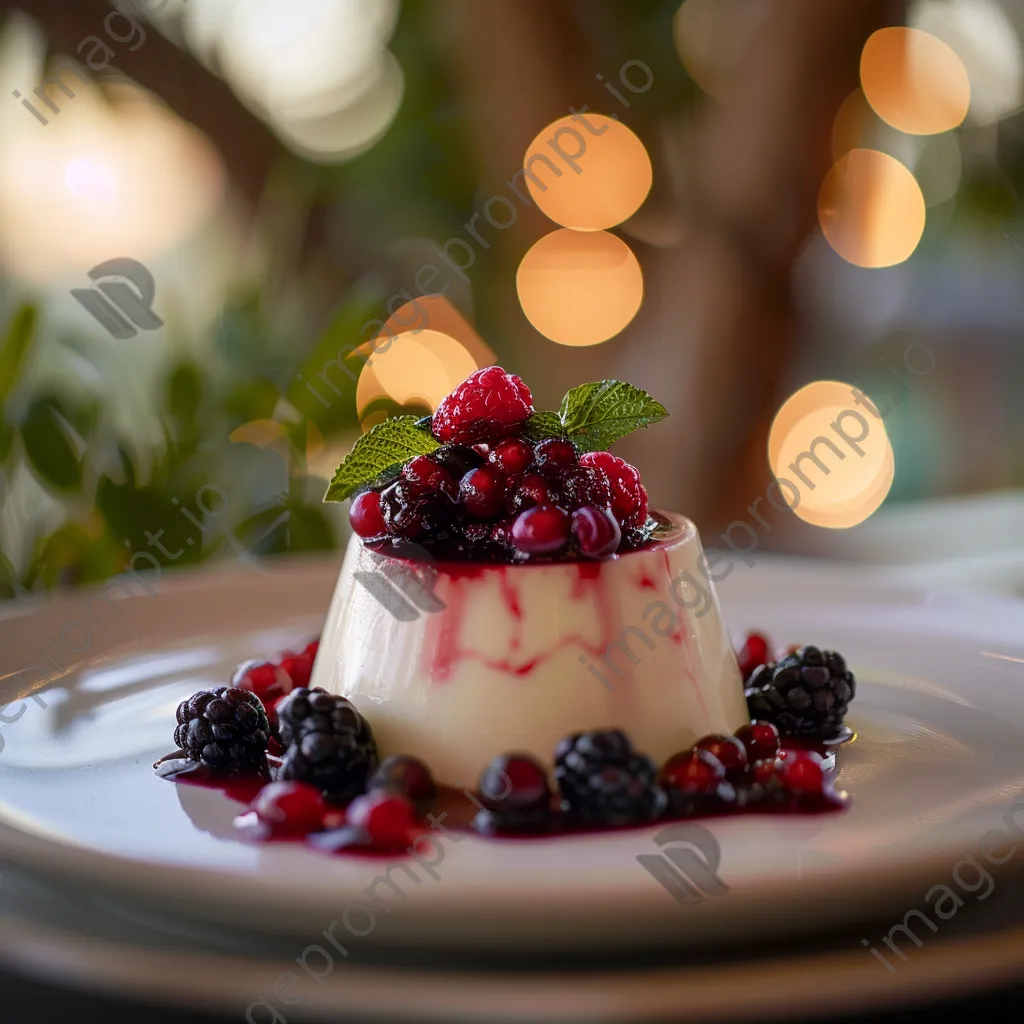 Vanilla panna cotta topped with berry compote on fine china - Image 3