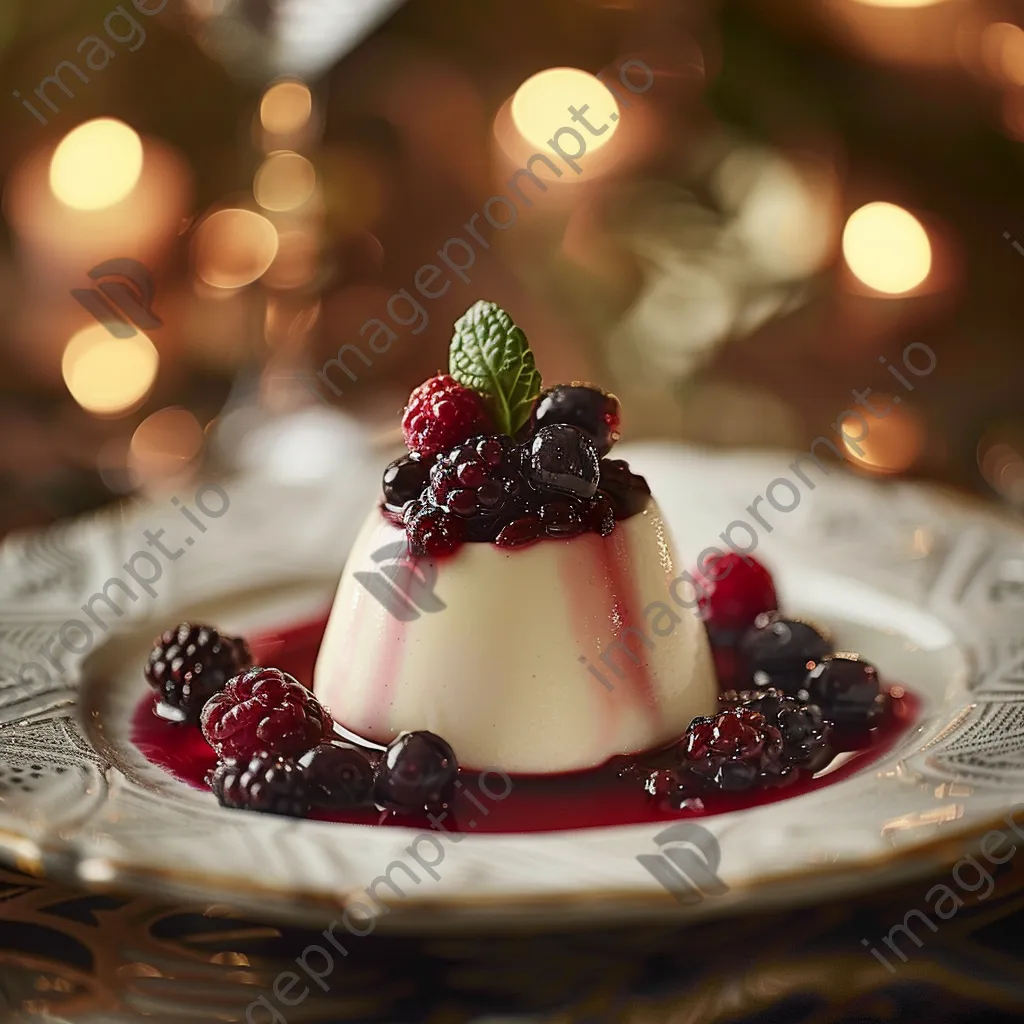 Vanilla panna cotta topped with berry compote on fine china - Image 4