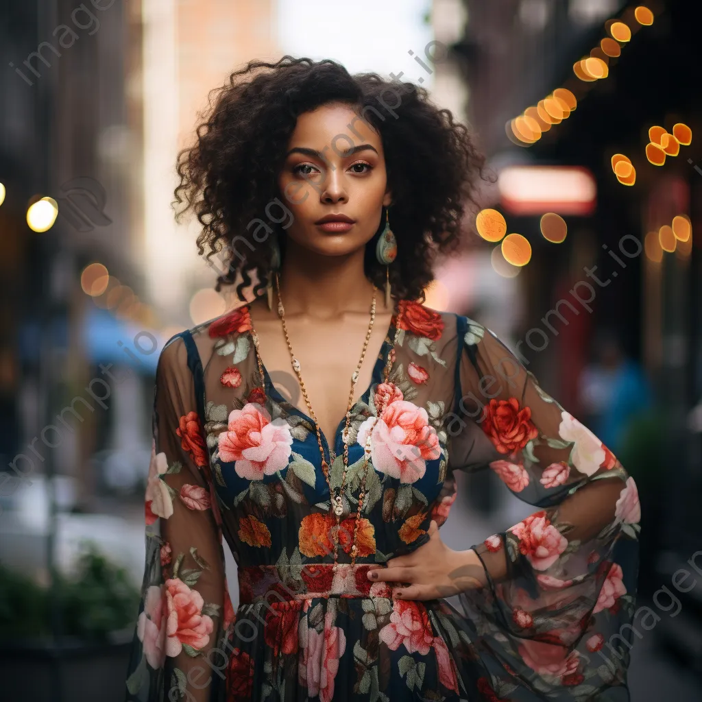 Woman in floral dress standing in an urban environment - Image 1