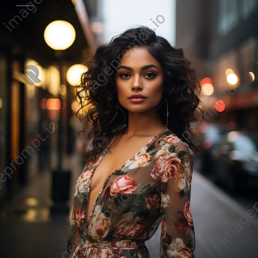 Woman in floral dress standing in an urban environment - Image 2