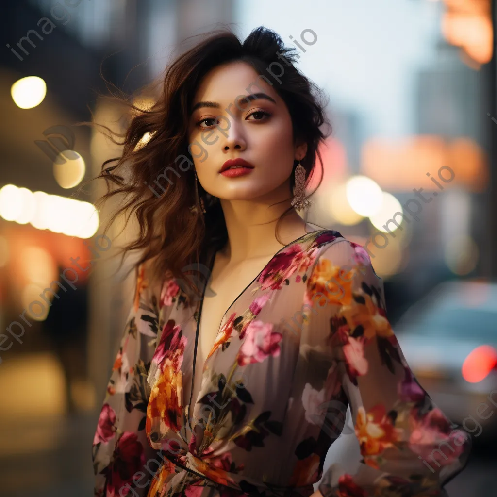 Woman in floral dress standing in an urban environment - Image 3