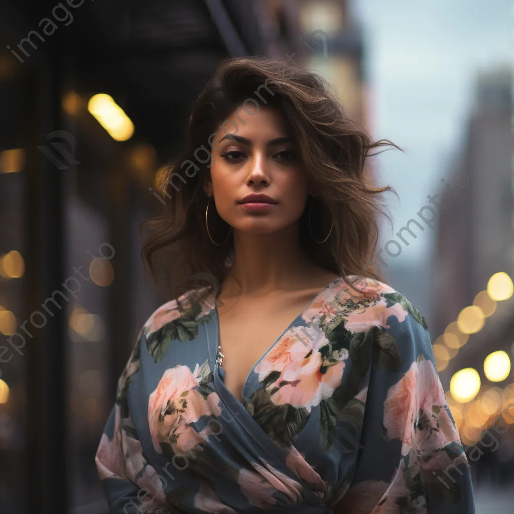 Woman in floral dress standing in an urban environment - Image 4