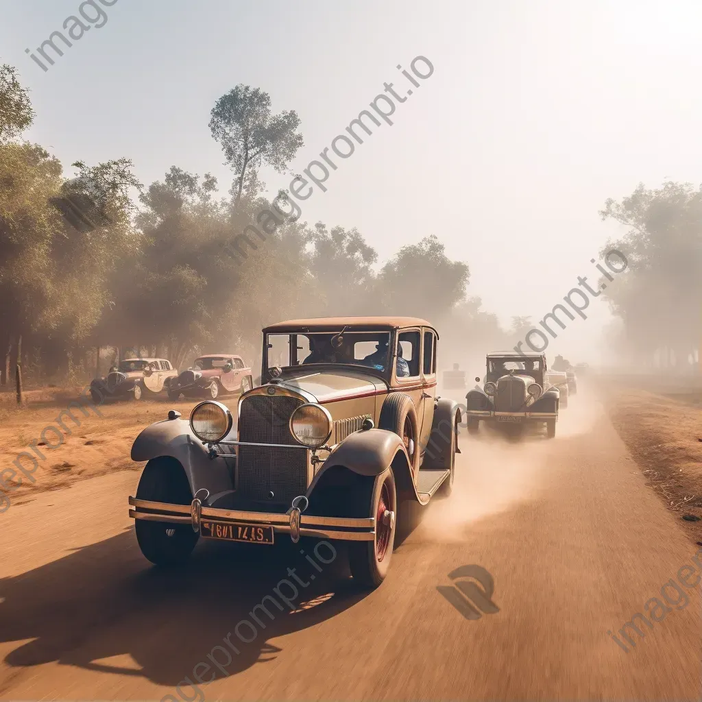 Vintage car rally on dusty road with classic vehicles kicking up dust - Image 1