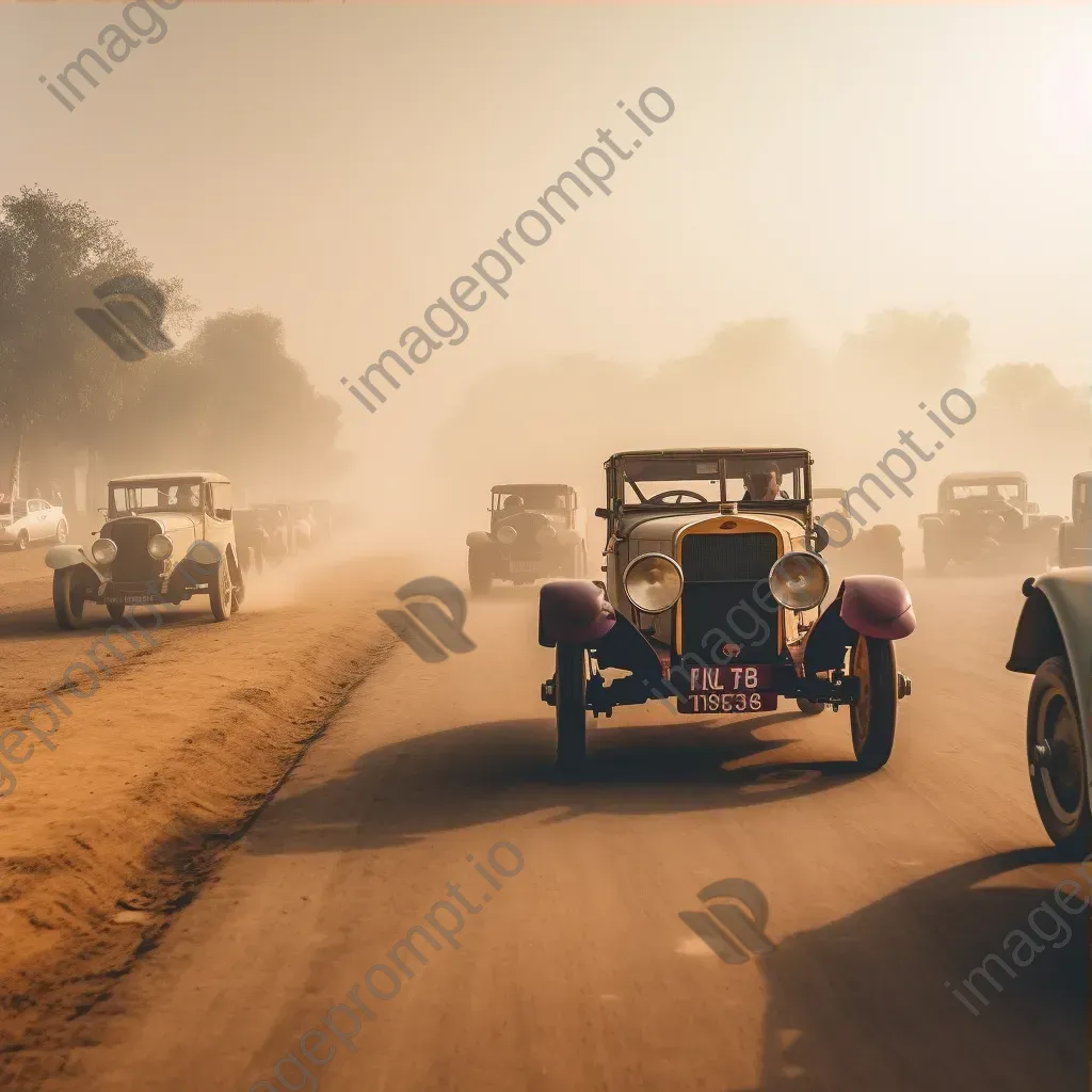 Vintage car rally on dusty road with classic vehicles kicking up dust - Image 3