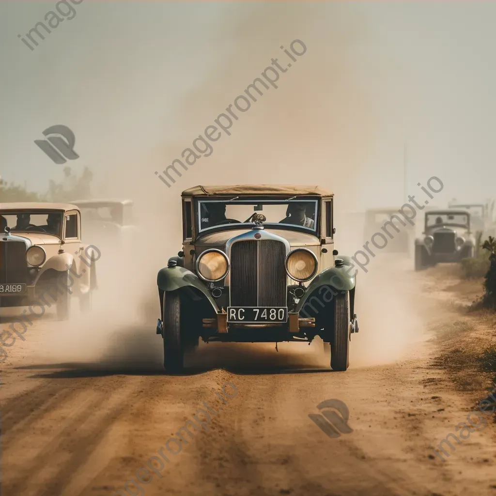 Vintage car rally on dusty road with classic vehicles kicking up dust - Image 4