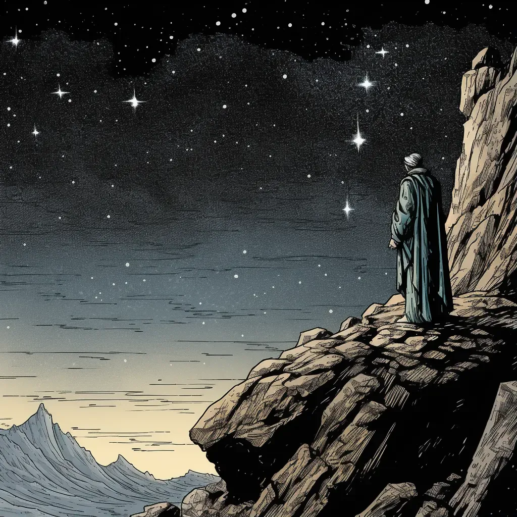 Ancient philosopher standing at the edge of a cliff, looking at the stars - Image 1