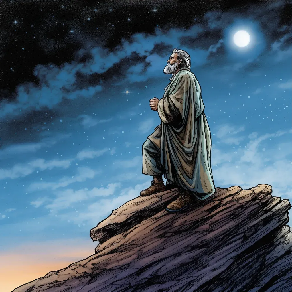 Ancient philosopher standing at the edge of a cliff, looking at the stars - Image 3