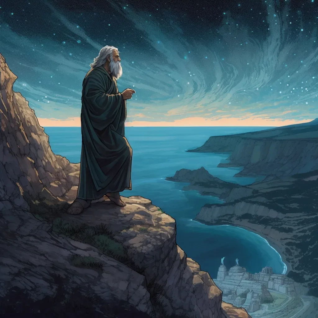 Ancient philosopher standing at the edge of a cliff, looking at the stars - Image 4