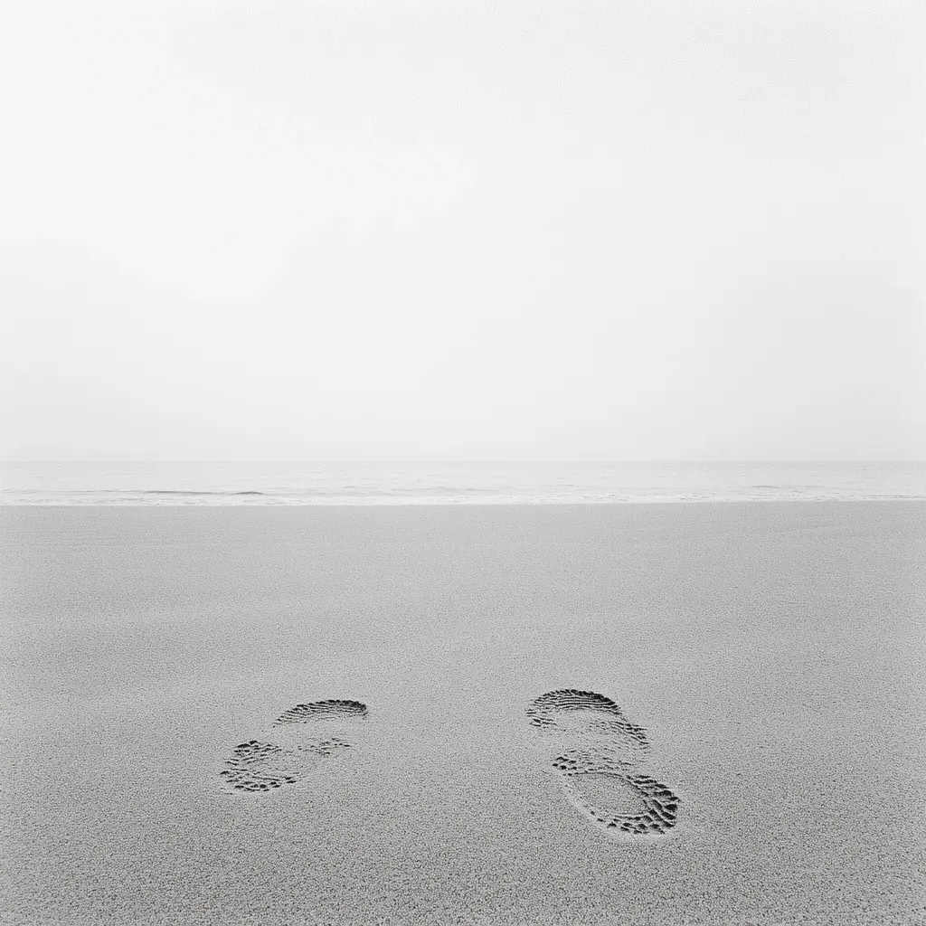 Black and white photograph of footprints in the sand, embodying fleeting existence and minimalism - Image 1