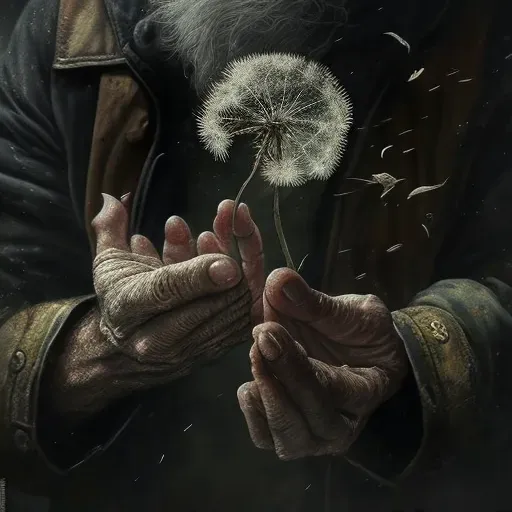 Aged hands holding delicate dandelion with seeds blowing in wind - Image 2