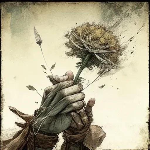 Aged hands holding delicate dandelion with seeds blowing in wind - Image 3