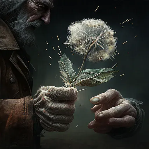 Aged hands holding delicate dandelion with seeds blowing in wind - Image 4