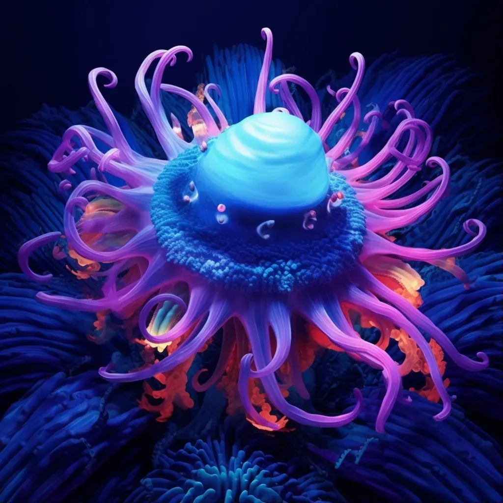 Glowing blue sea anemone in dark deep ocean - Image 1