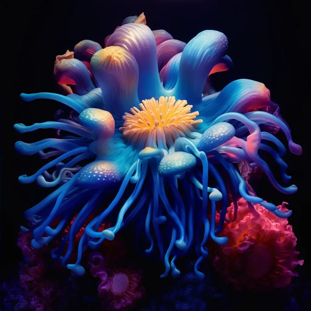 Glowing blue sea anemone in dark deep ocean - Image 2