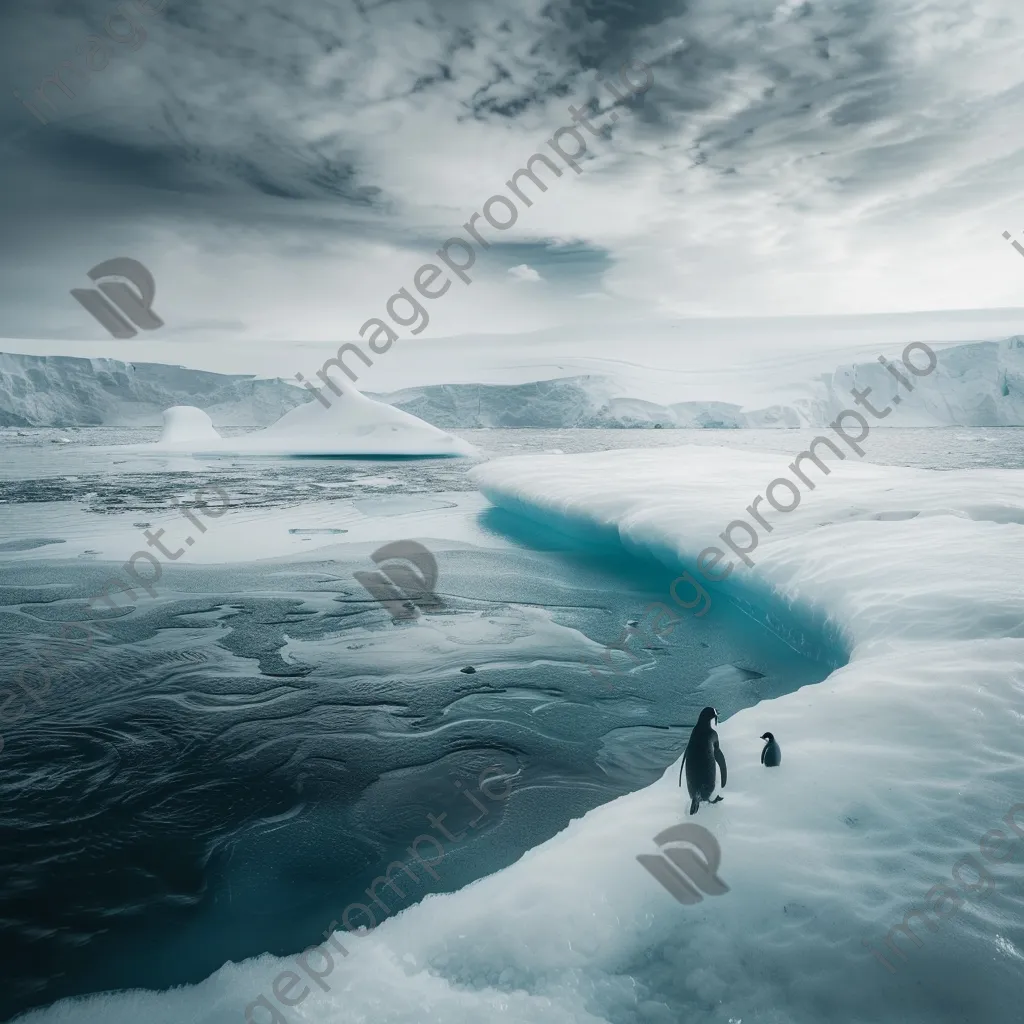 Mother penguin protecting her chick on ice. - Image 2