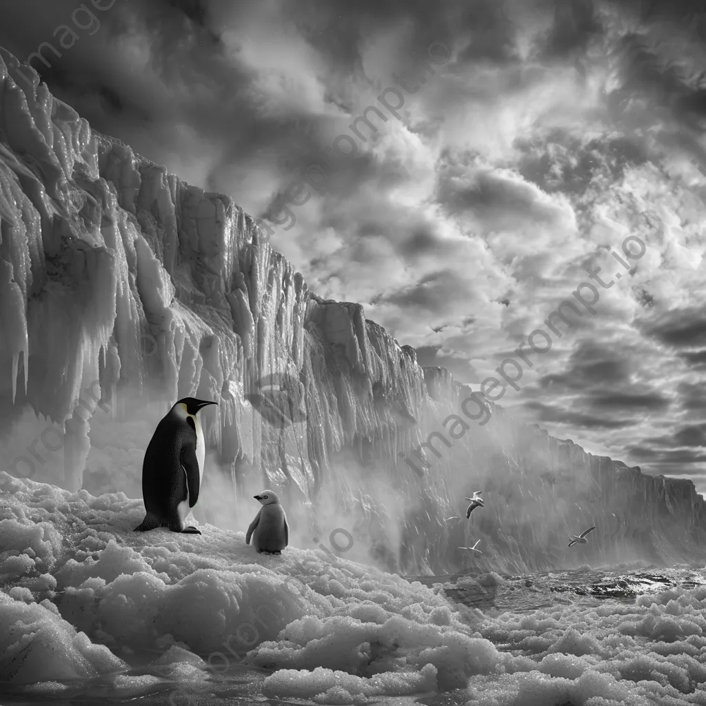 Mother penguin protecting her chick on ice. - Image 3