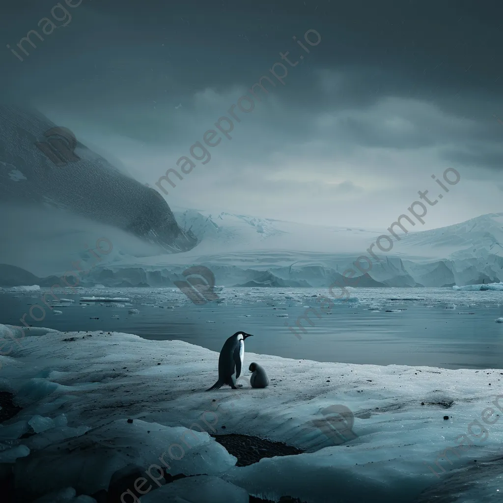 Mother penguin protecting her chick on ice. - Image 4