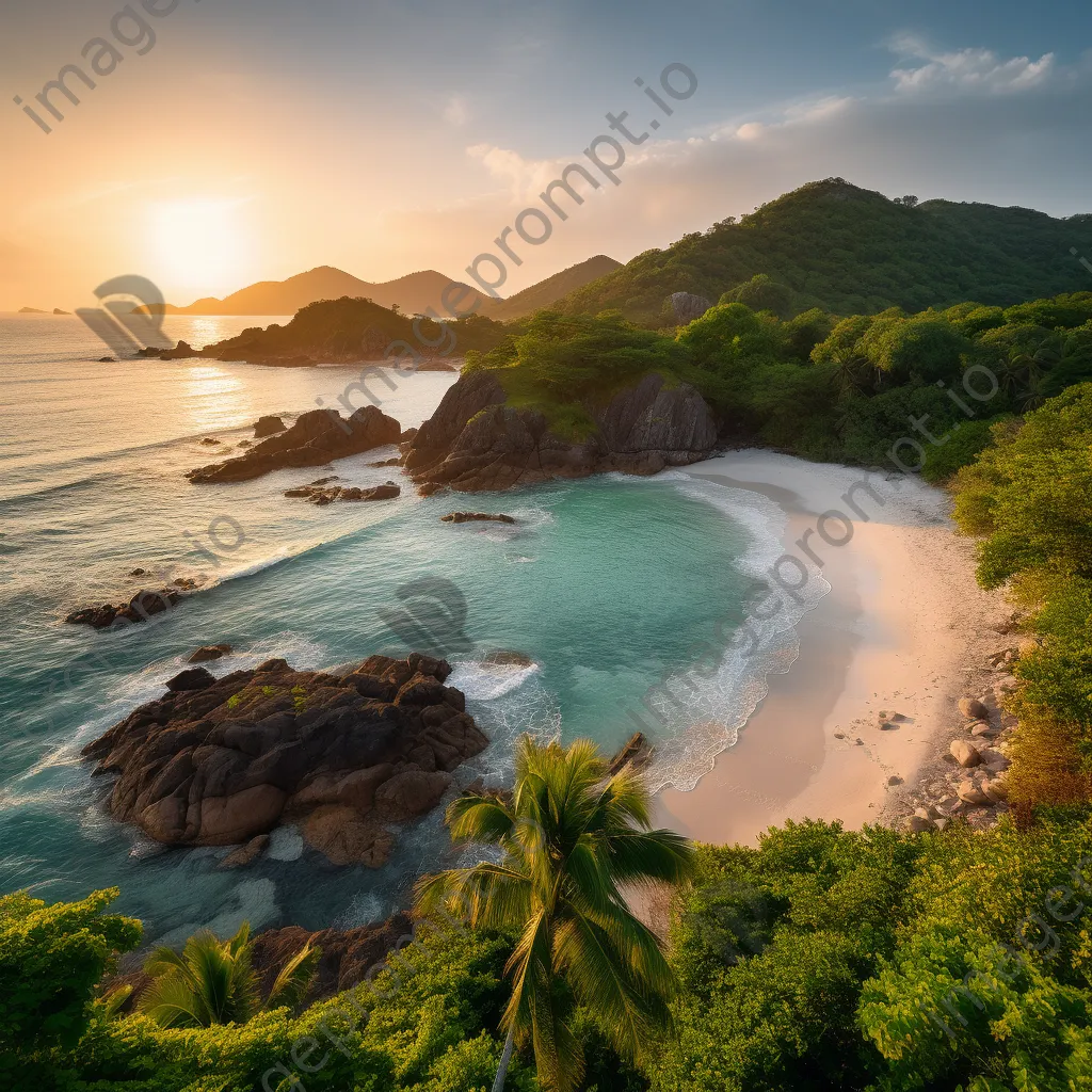 Tropical island with white sand and turquoise waters at sunrise - Image 1