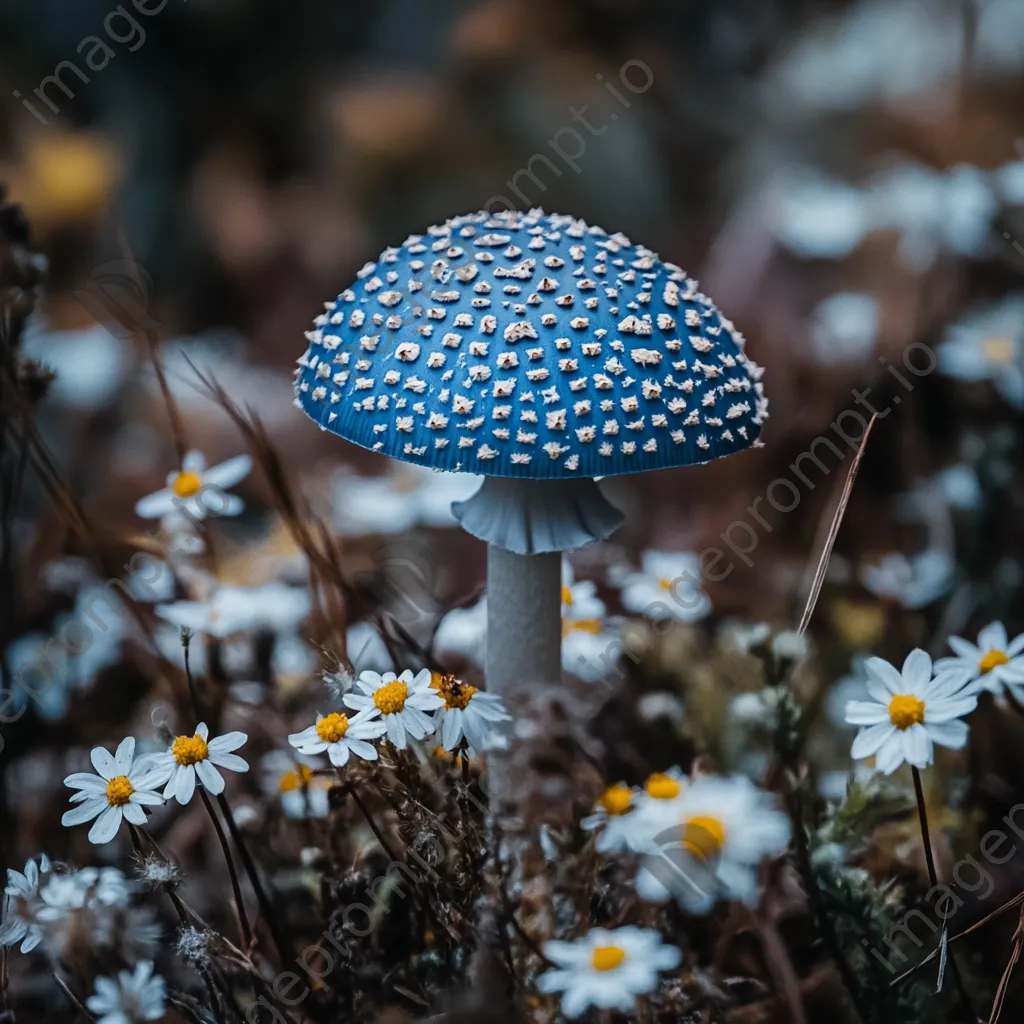 Blue mushroom surrounded by white flowers - Image 1