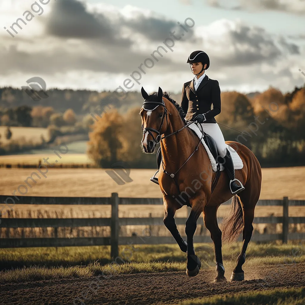 Rider practicing dressage moves on a horse in a field. - Image 1