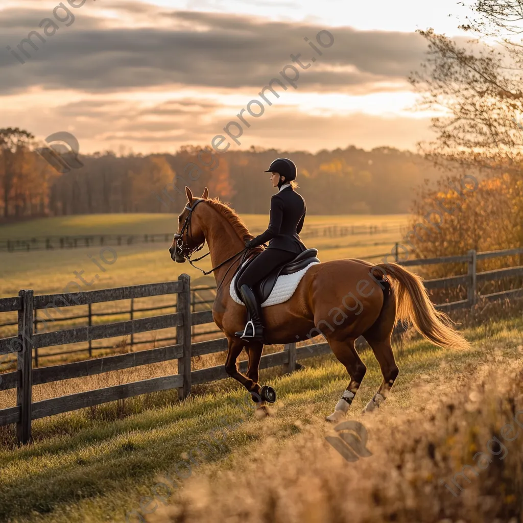 Rider practicing dressage moves on a horse in a field. - Image 2