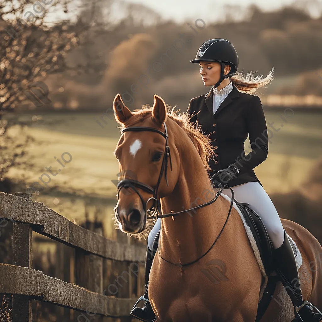 Rider practicing dressage moves on a horse in a field. - Image 3