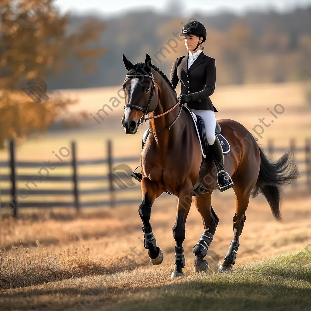 Rider practicing dressage moves on a horse in a field. - Image 4