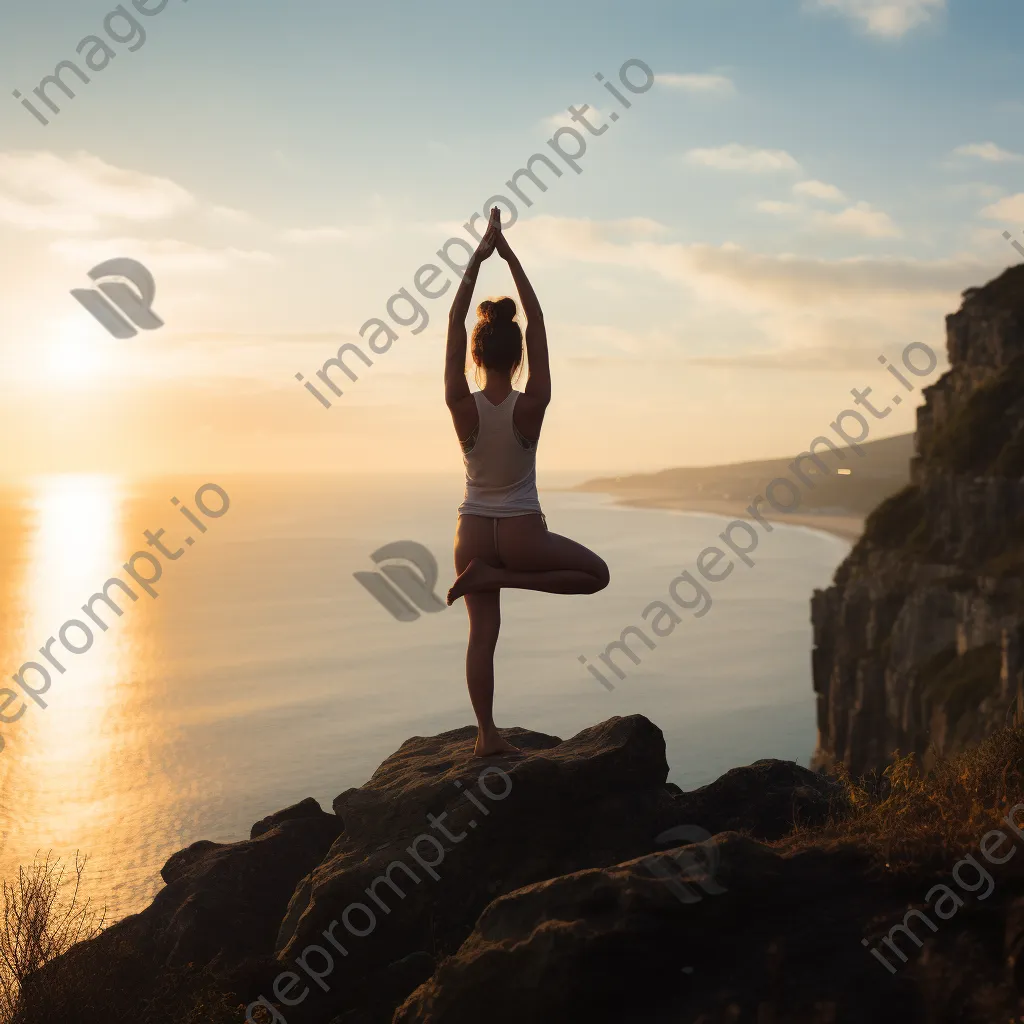 Woman practicing yoga on a cliff overlooking the ocean. - Image 1