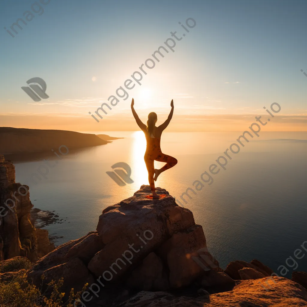 Woman practicing yoga on a cliff overlooking the ocean. - Image 3