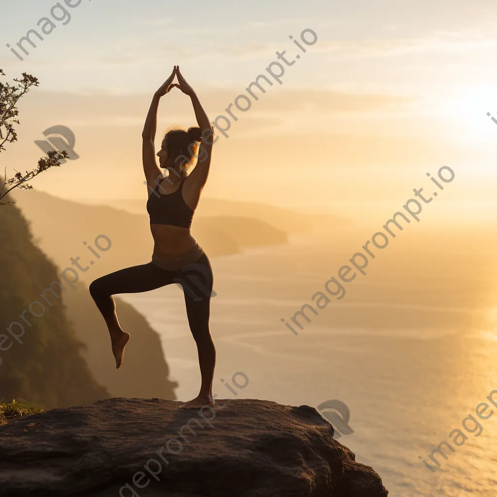 Woman practicing yoga on a cliff overlooking the ocean. - Image 4