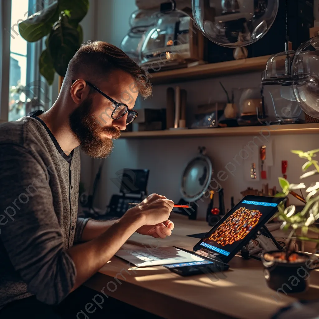 Freelancer making a cryptocurrency transaction on a tablet in a bright, creatively designed studio. - Image 1