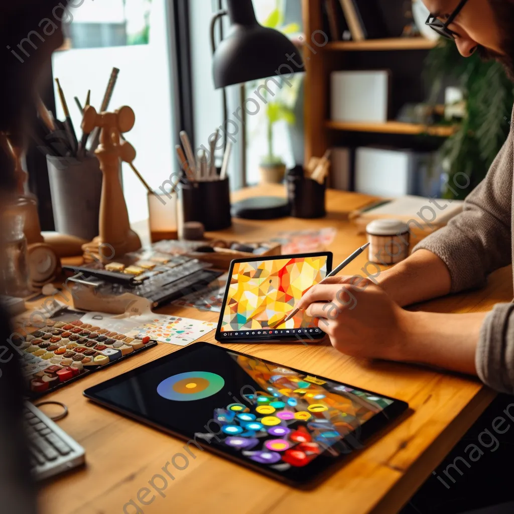 Freelancer making a cryptocurrency transaction on a tablet in a bright, creatively designed studio. - Image 2