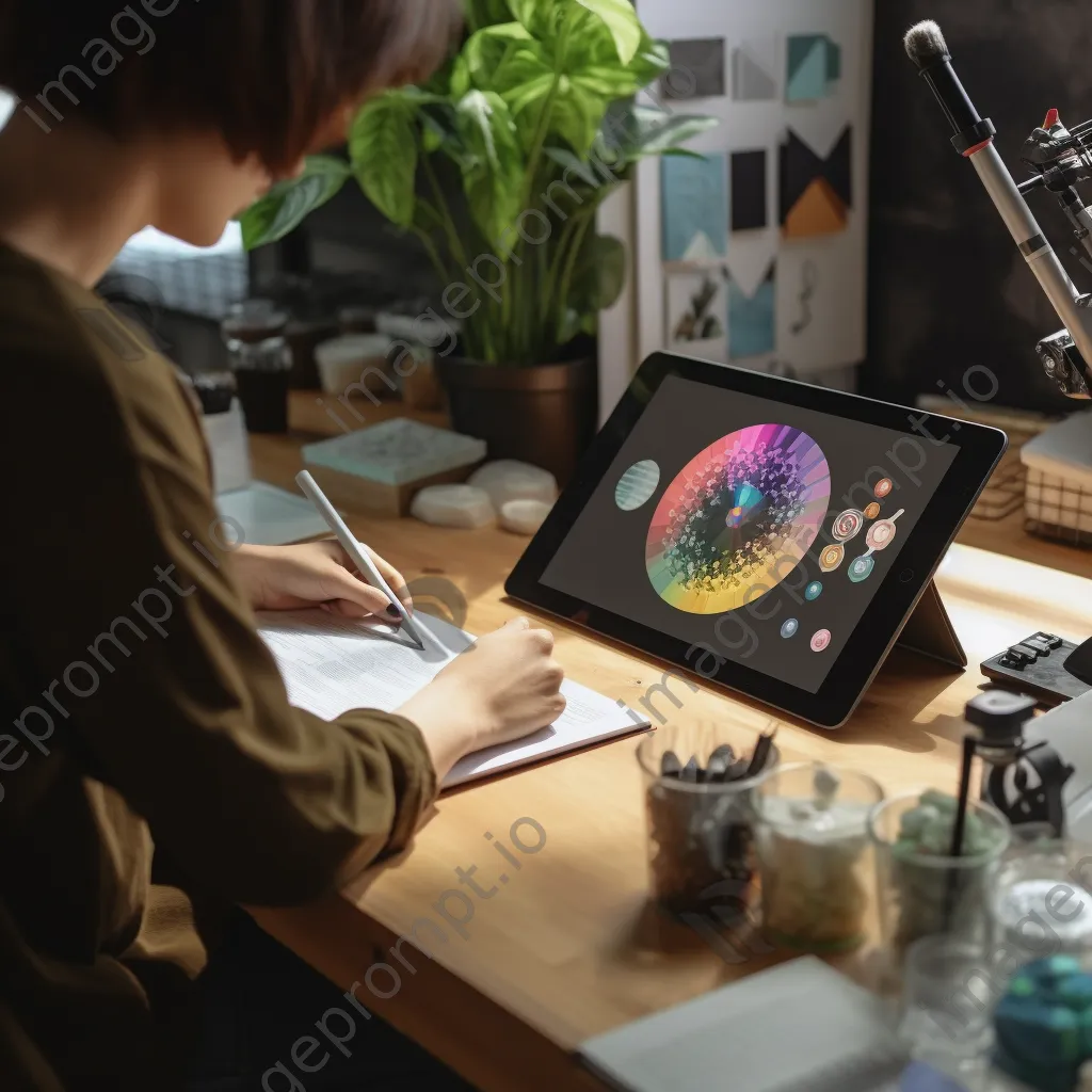 Freelancer making a cryptocurrency transaction on a tablet in a bright, creatively designed studio. - Image 3