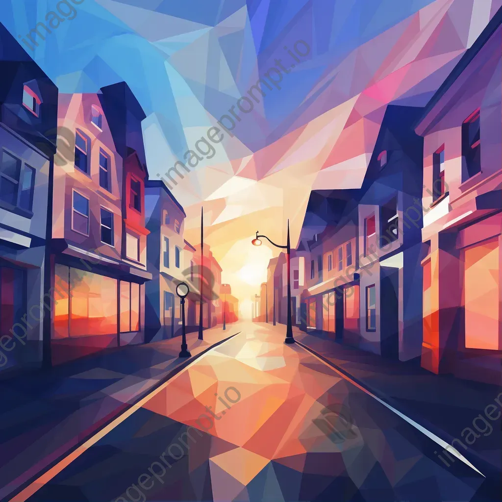 Low-poly town waking up in a magical morning glow - Image 1