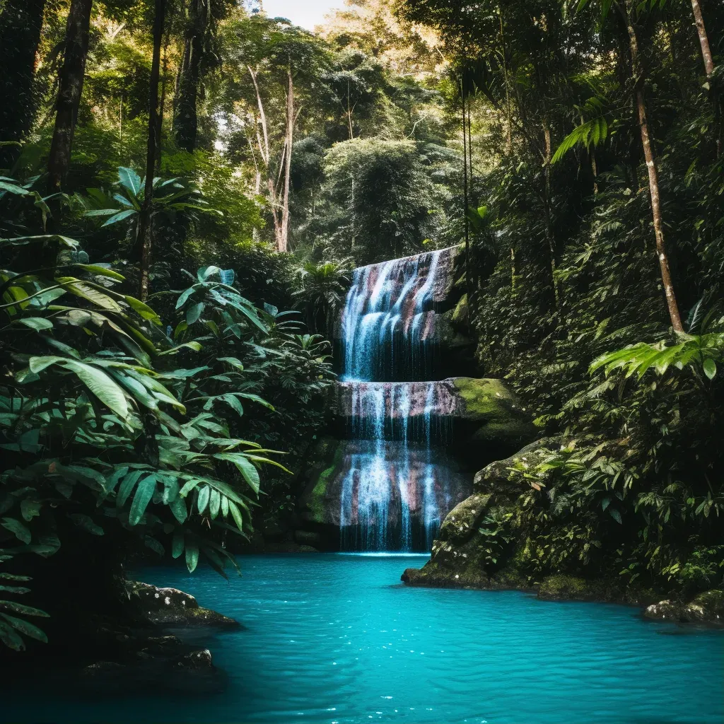 Aerial view of a waterfall plunging into a turquoise pool in a lush jungle - Image 1