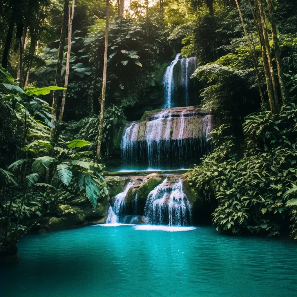 Aerial view of a waterfall plunging into a turquoise pool in a lush jungle - Image 2